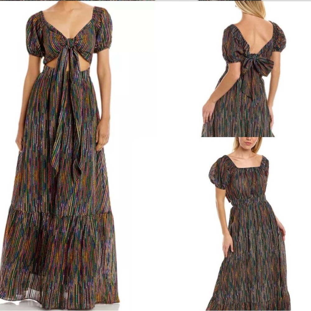 RAMY BROOK Striped Cutout Waist Megan Maxi Dress Cotton Blend Tie Front or Back